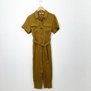Zara Women’s Deep Mustard Yellow Linen Shortsleeved Tapered Leg Jumpsuit